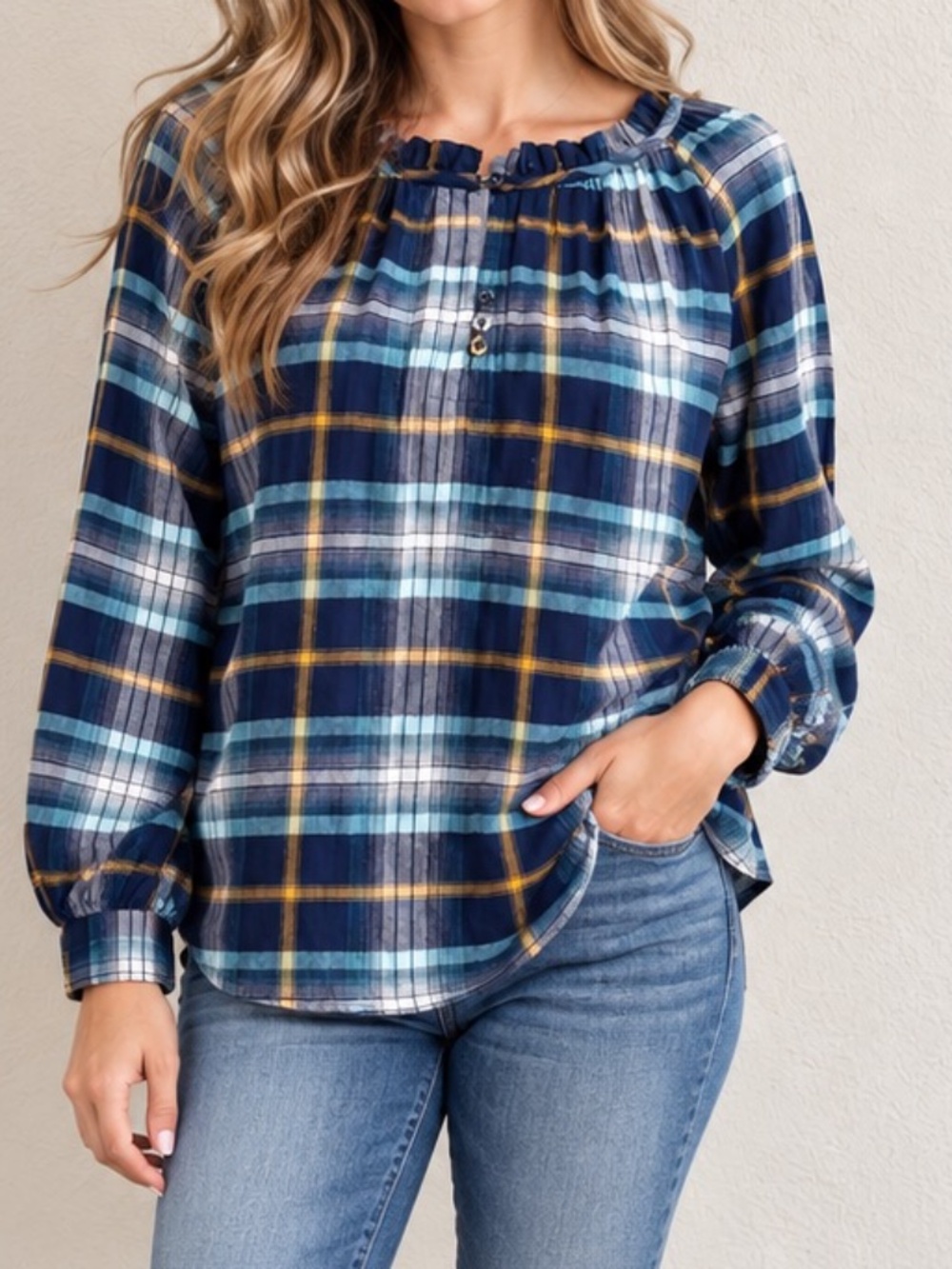 St. John's Bay Plaid Peasant Blouse M Navy Blue Ruffle Neck Boho Western